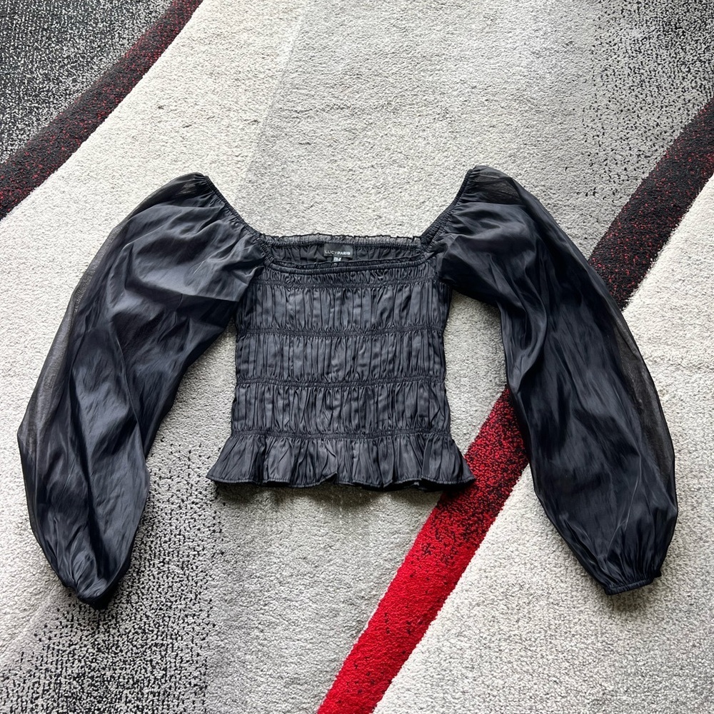 Lucy Paris Black Smocked Sheer Sleeve Top
